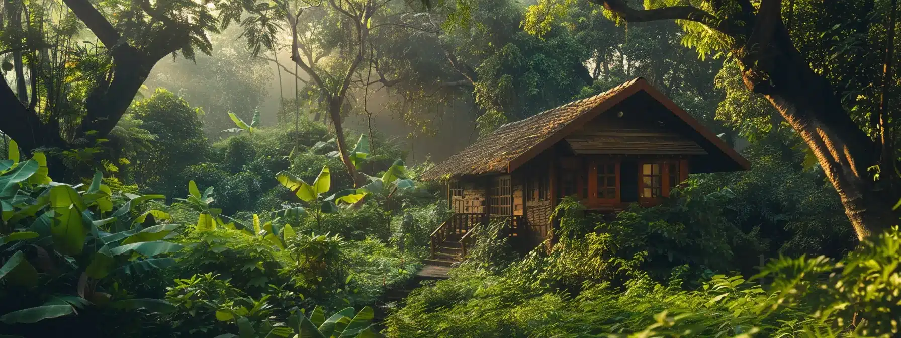 a cozy, secluded cottage nestled among lush greenery at a luxury holiday resort near mumbai.